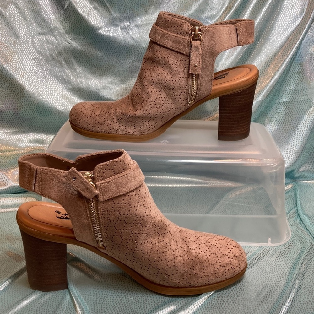 Women's Suede Open-Heel Ankle Booties in Taupe